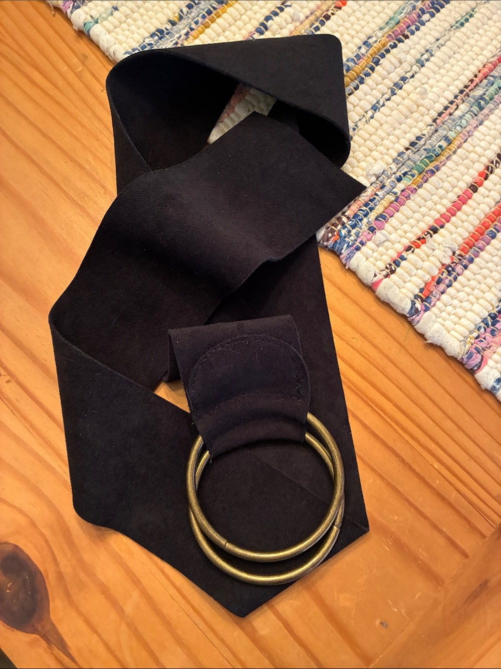 Black Faux Suede Wrap Belt with Double Brass Rings, O/S